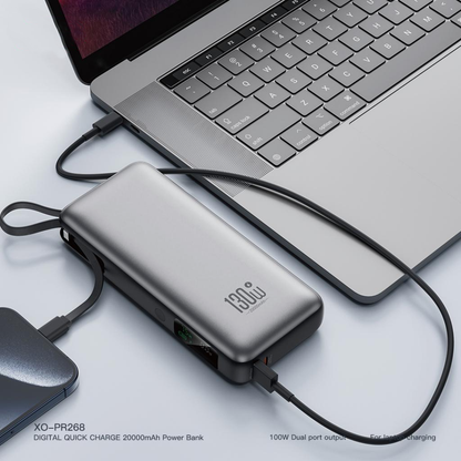 Baterie Externa XO Design PR268, 20000mAh, 130W, QC + PD, 1 x USB-A - 2 x USB-C, Gri
