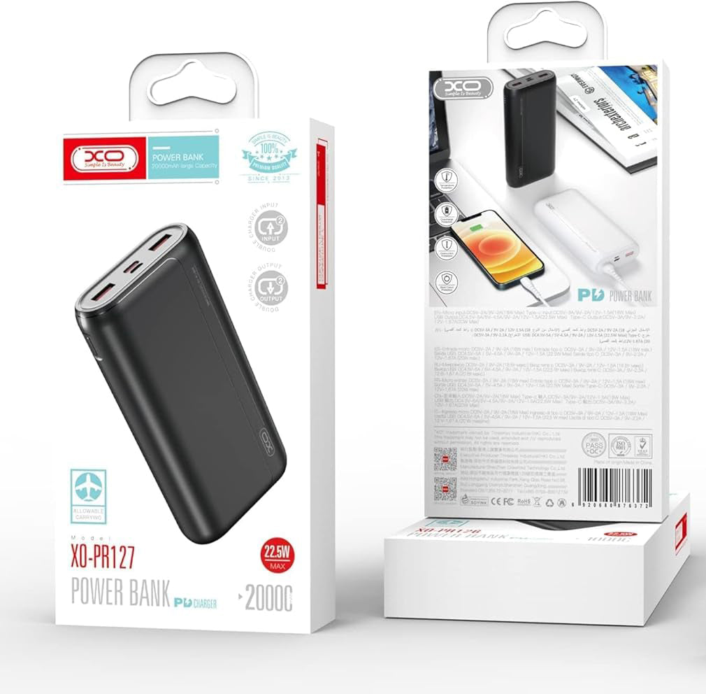 Baterie Externa XO Design PR127, 20000mAh, 22.5W, QC + PD, 1 x USB-C - 2 x USB-A, Neagra