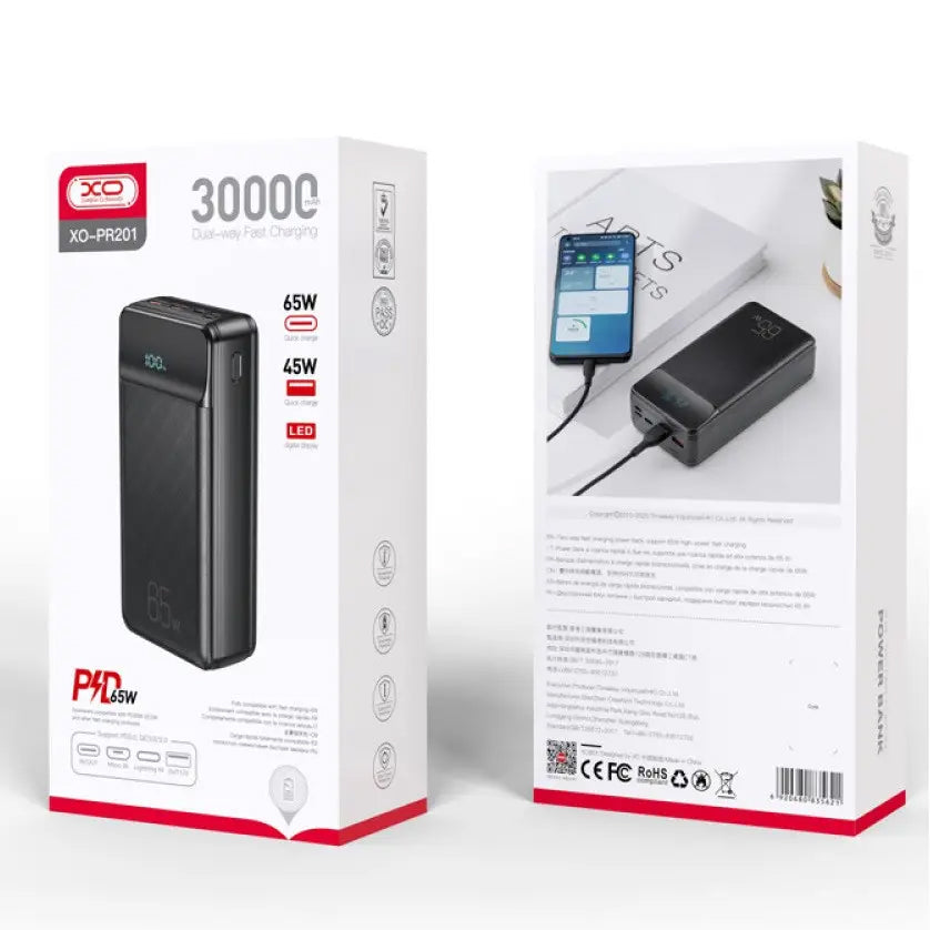 Baterie Externa XO Design PR201, 30000mAh, 65W, QC + PD, 1 x USB-C - 2 x USB-A, Neagra