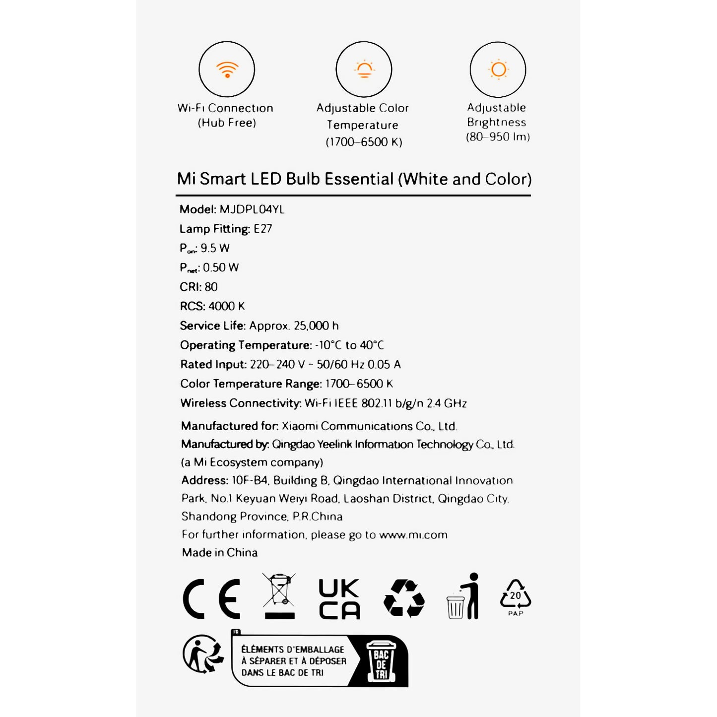 Bec LED Xiaomi Essential, Wi-Fi, E27, 9W, 1700K - 6500K, 950lm BHR5743EU