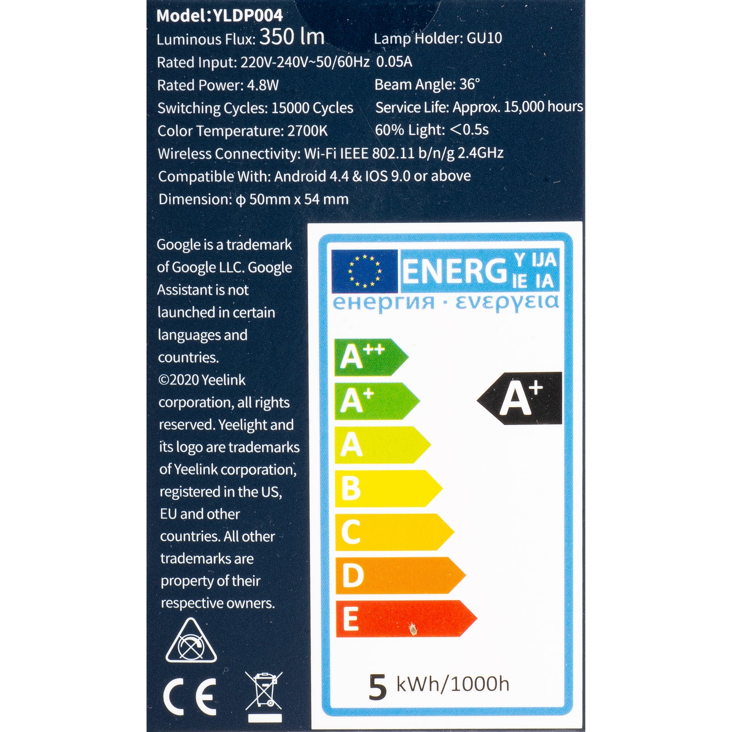 Bec LED Yeelight W1, Wi-Fi, GU10, 4.8W, 2700K, 350lm, Alb YLDP004