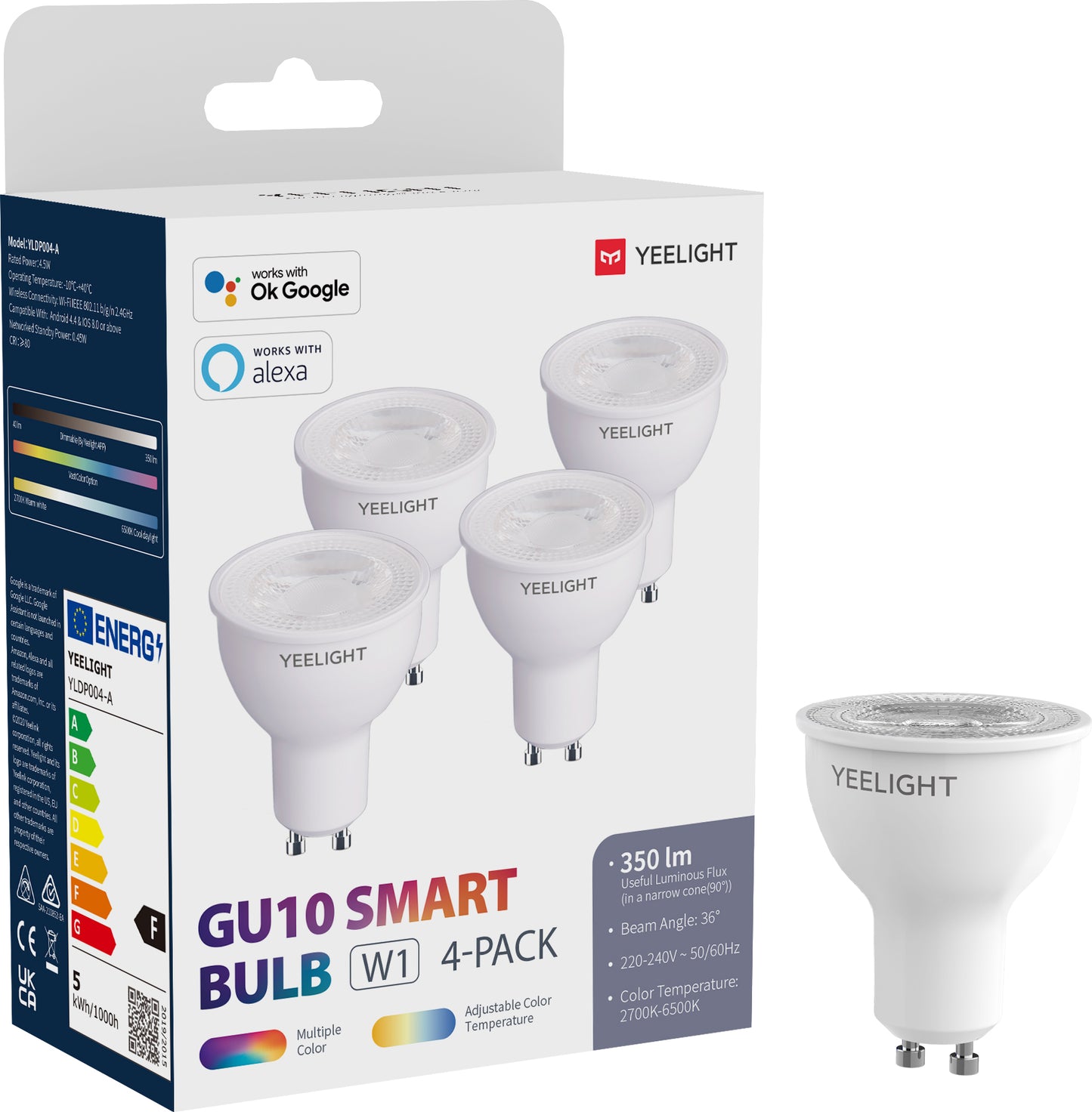 Bec LED Yeelight W1, Wi-Fi, GU10, 4.5W, 2700K - 6500K, 350lm, Set 4 bucati, Multicolor YLDP004-A
