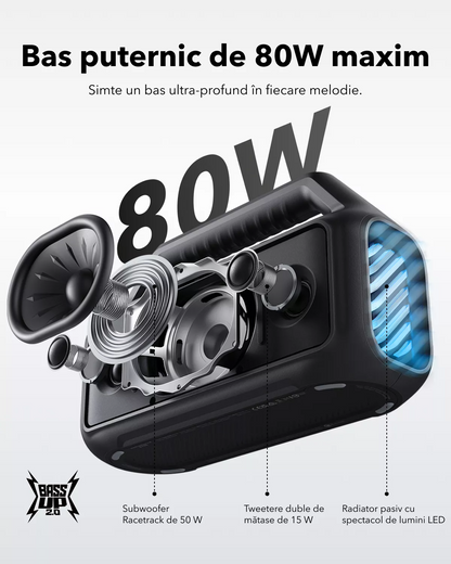 Boxa Portabila Bluetooth Anker SoundCore Boom 2 New Version, 80W, TWS, RGB, Waterproof, Neagra A3138012