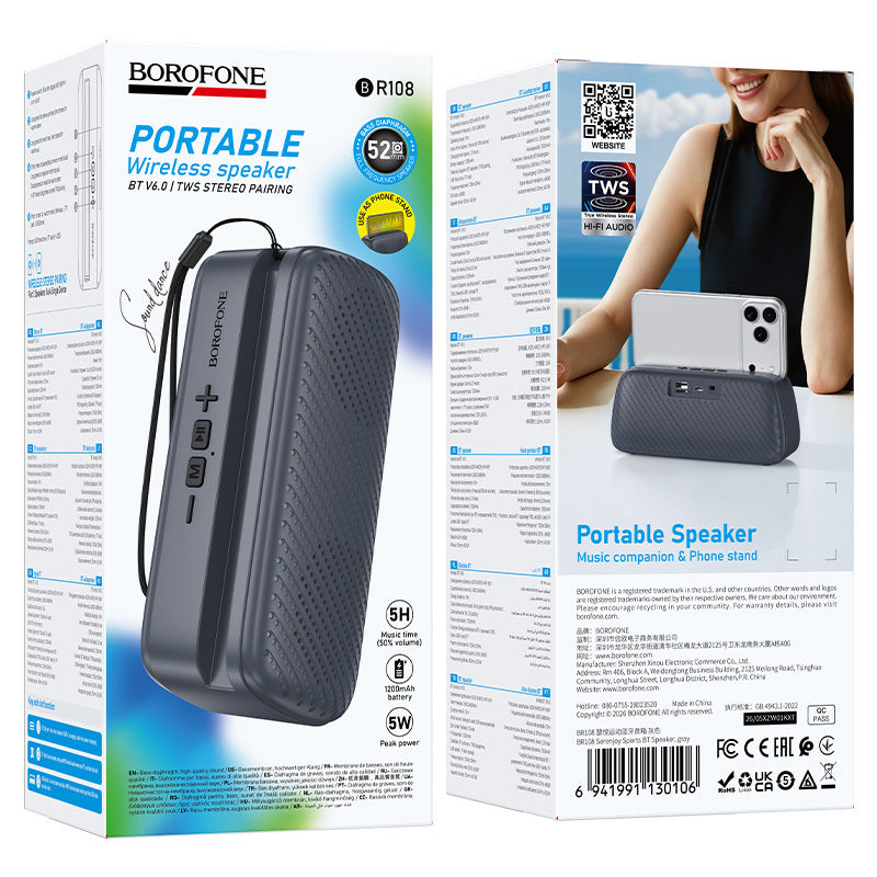 Boxa Portabila Bluetooth Borofone BR108 Serenjoy, 5W, TWS, Gri