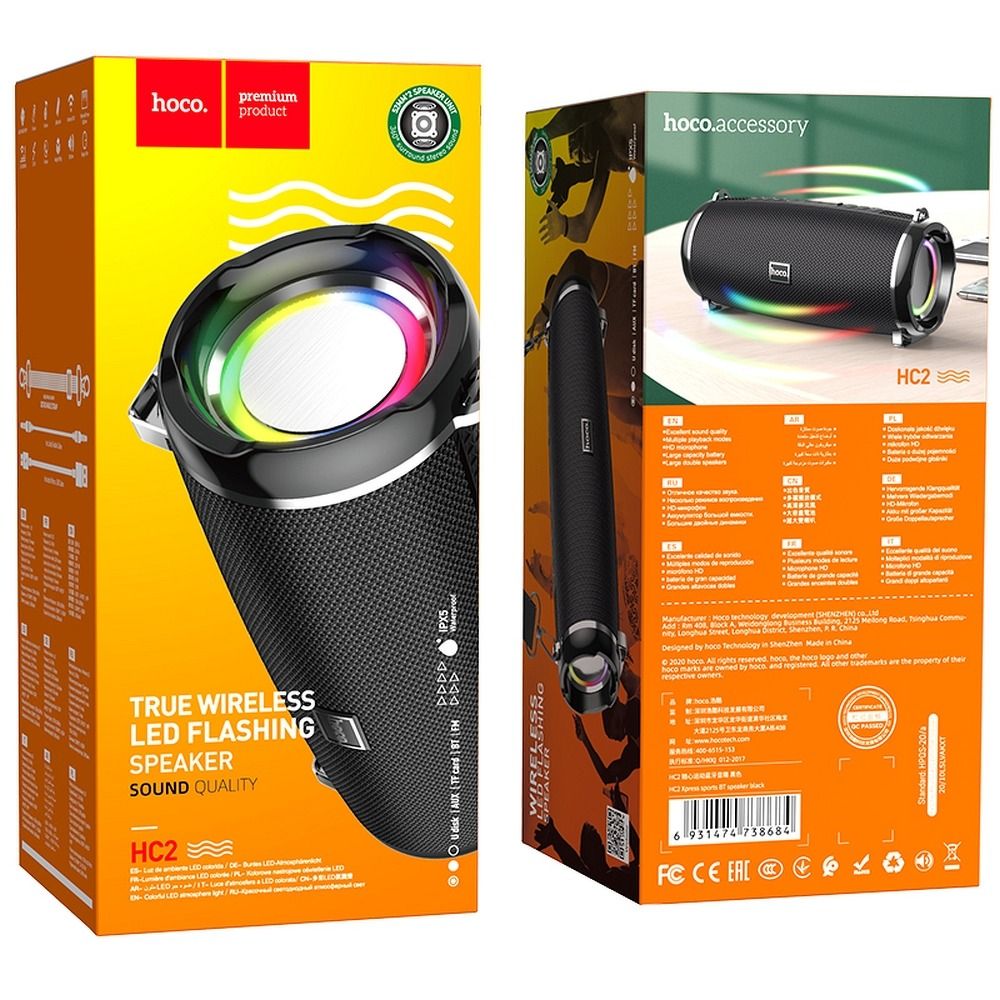 Boxa Portabila Bluetooth HOCO HC2, 2 x 5W, TWS, RGB, Neagra