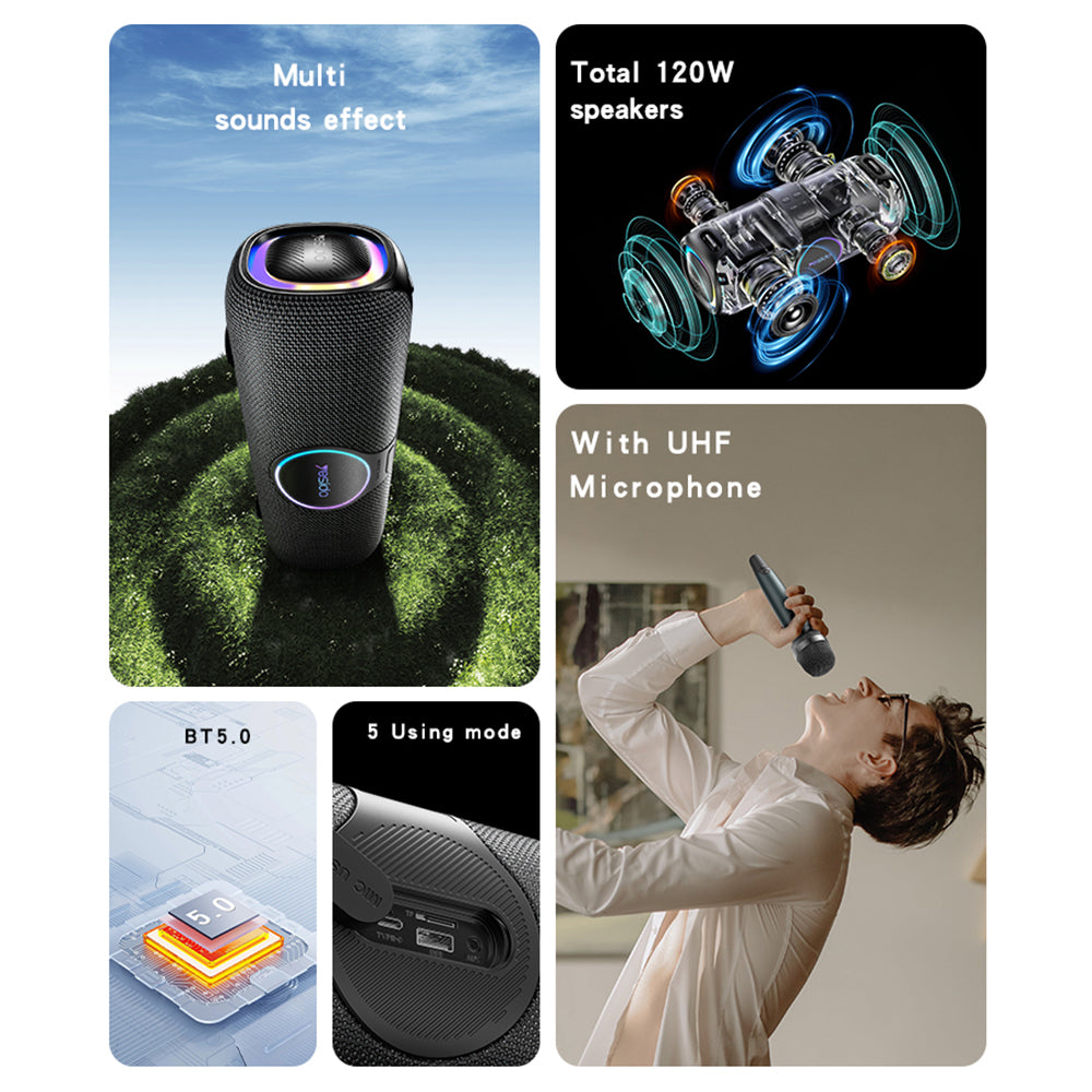 Boxa Bluetooth Yesido YSW21 Karaoke, 120W, RGB, Waterproof, Neagra