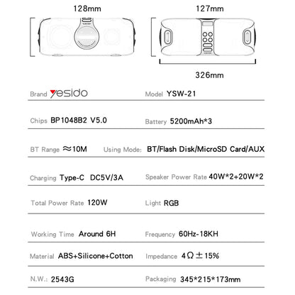 Boxa Bluetooth Yesido YSW21 Karaoke, 120W, RGB, Waterproof, Neagra