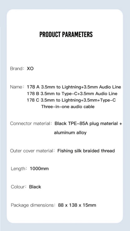 Cablu Audio USB-C / 3.5mm - 3.5mm XO Design NB178B, 1m, Negru