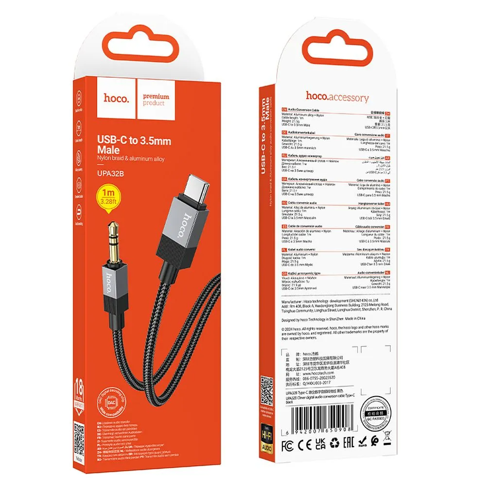 Cablu Audio USB-C - 3.5mm HOCO UPA32B, 1m, Negru