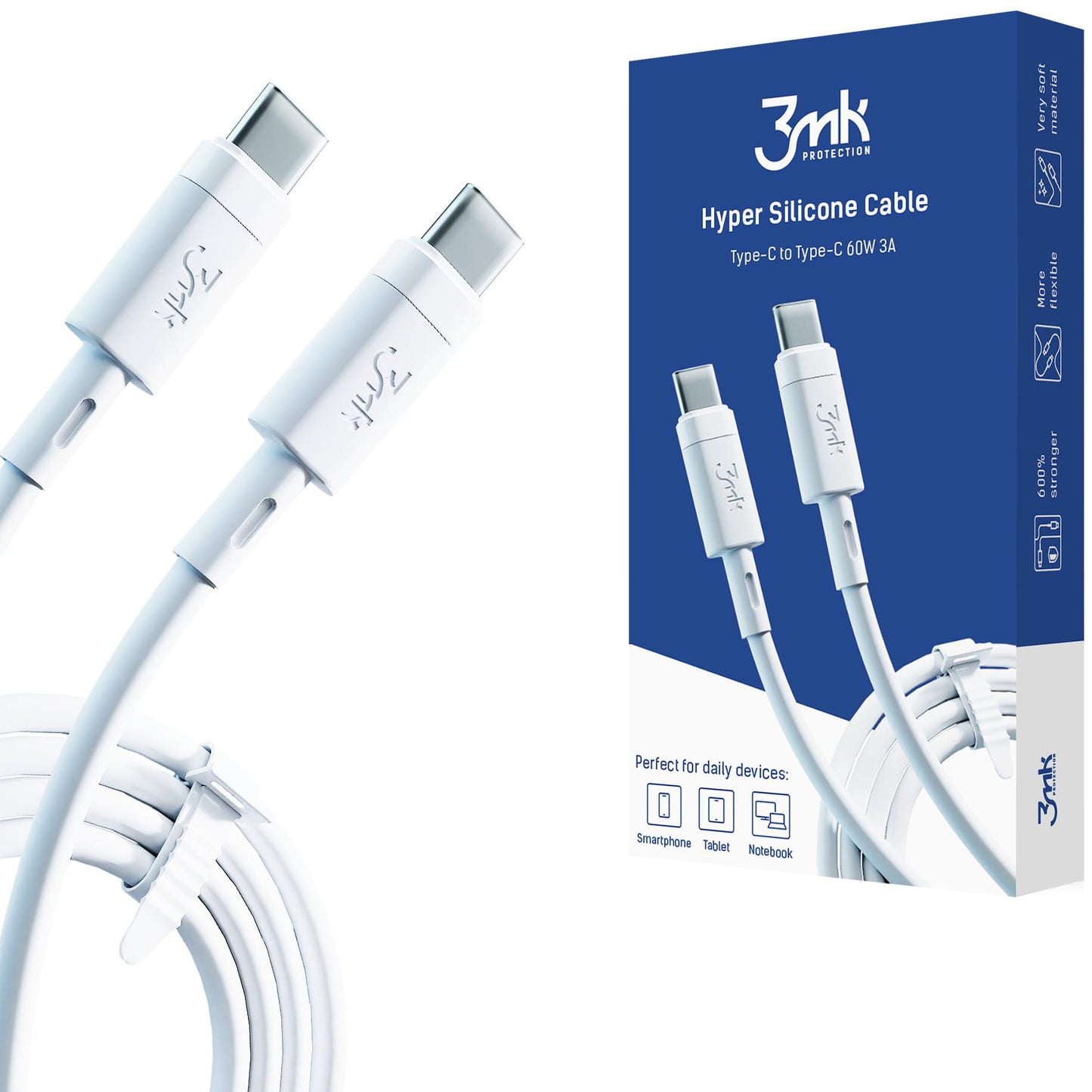 Cablu Date si Incarcare USB-C - USB-C 3MK Hyper Silicone, 60W, 1m, Alb