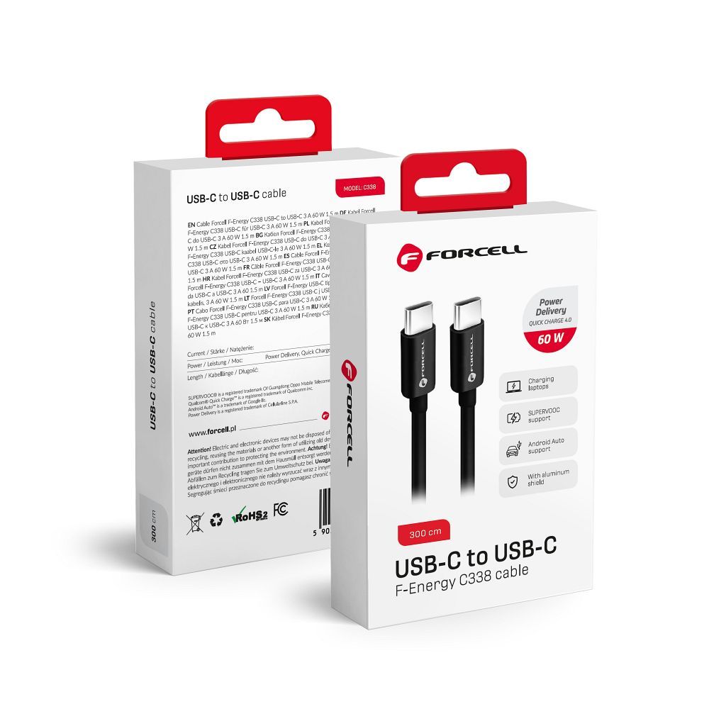 Cablu Date si Incarcare USB-C - USB-C Forcell C338, 60W, 3m, Negru