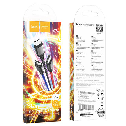 Cablu Incarcare USB-A - Lightning / microUSB / USB-C HOCO X76 3in1, 18W, 1m, Multicolor