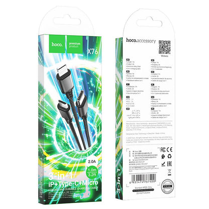 Cablu Incarcare USB-A - Lightning / microUSB / USB-C HOCO X76 3in1, 18W, 1m, Negru