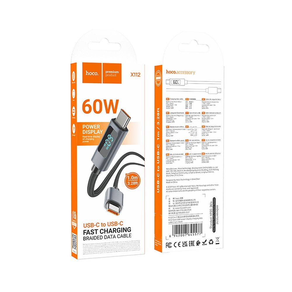 Cablu Date si Incarcare USB-C - USB-C HOCO Display X112, 60W, 1m, Negru