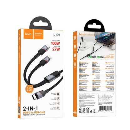 Cablu Date si Incarcare USB-C - Lightning / USB-C HOCO U139 2in1, 100W, 1.2m, Negru