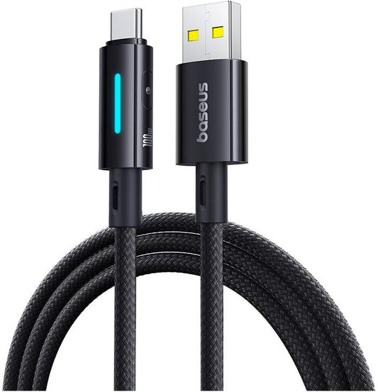 Cablu Date si Incarcare USB-A - USB-C Baseus Lit Button Control, 100W, 1m, Negru P10379002121-00