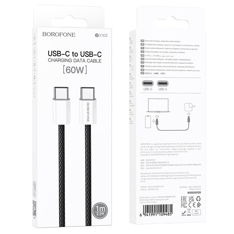 Cablu Date si Incarcare USB-C - USB-C Borofone BX103 Original, 60W, 1m, Negru