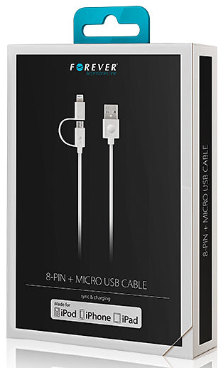 Cablu Date si Incarcare USB-A - Lightning / microUSB Forever MFi, 18W, 1m, Alb