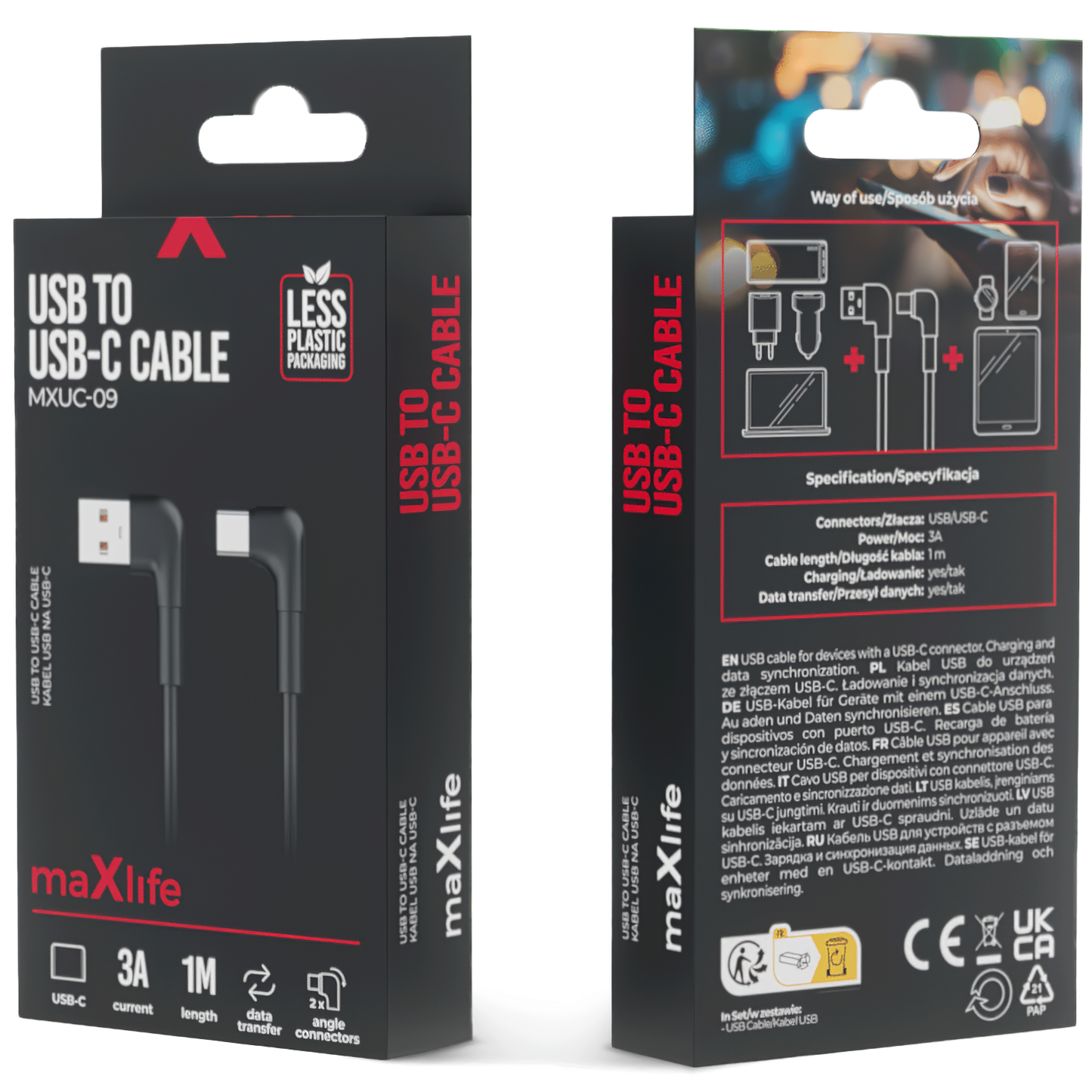 Cablu Date si Incarcare USB-A - USB-C MaXlife MXUC-09 Angled, 60W, 1m, Negru