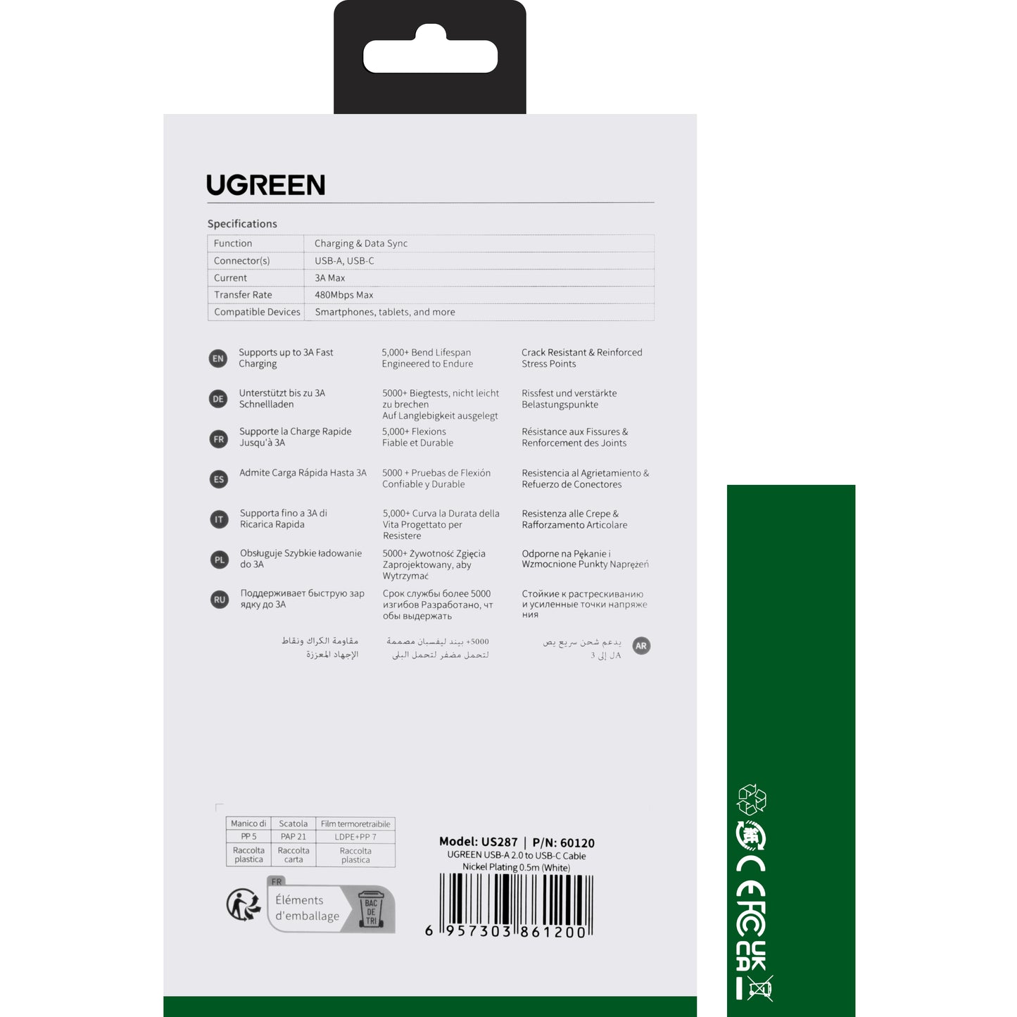 Cablu Date si Incarcare USB-A - USB-C UGREEN US287, 60W, 0.5m, Alb