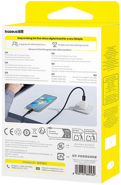 Cablu Date si Incarcare USB-A - USB-C Baseus Lit Button Control, 100W, 1m, Negru P10379002121-00