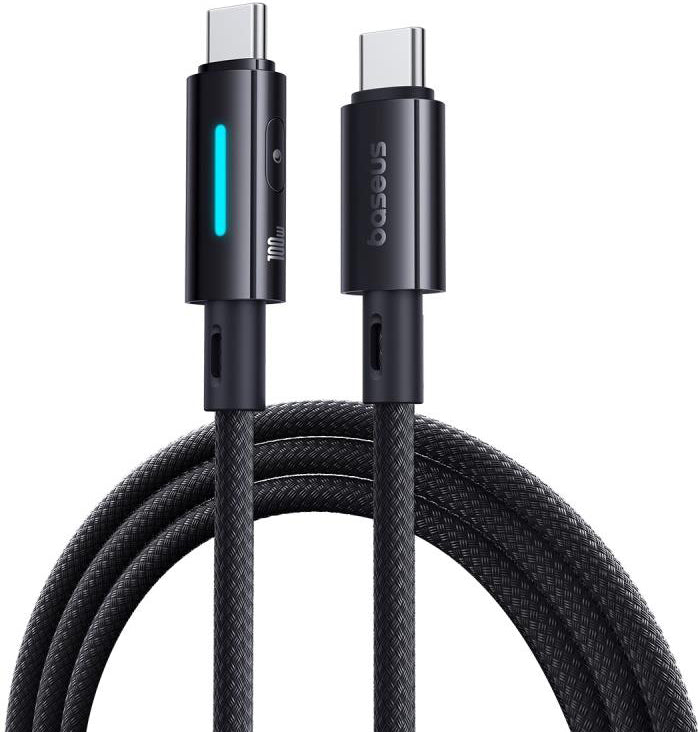 Cablu Date si Incarcare USB-C - USB-C Baseus Lit Button Control, 100W, 1m, Negru P10379000121-00
