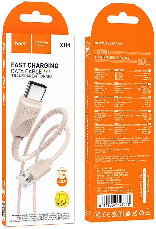 Cablu Date si Incarcare USB-A - USB-C HOCO X114, 18W, 1m, Roz