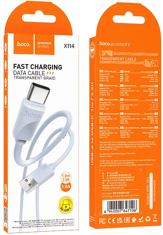 Cablu Date si Incarcare USB-A - USB-C HOCO X114, 18W, 1m, Albastru