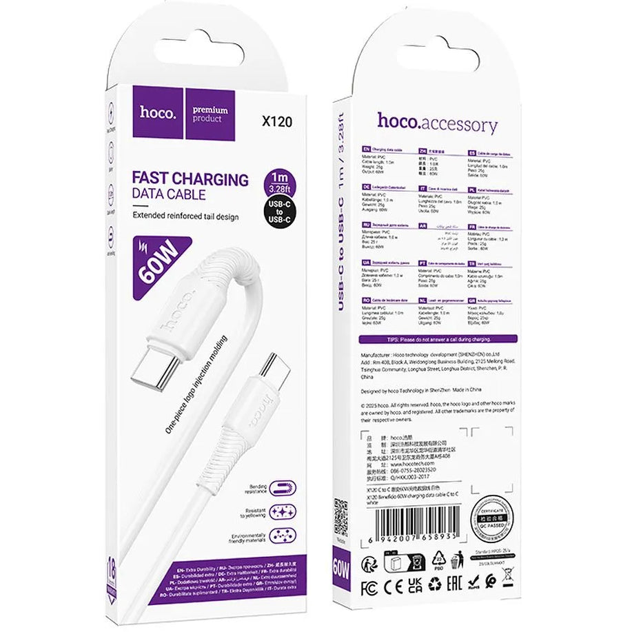 Cablu Date si Incarcare USB-C - USB-C HOCO X120, 60W, 1m, Alb