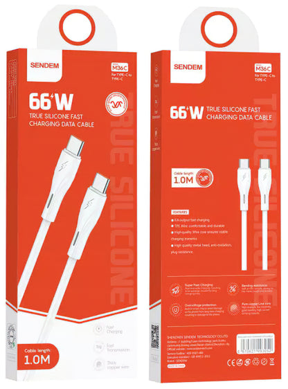 Cablu Date si Incarcare USB-C - USB-C Sendem M36C, 66W, 1m, Alb
