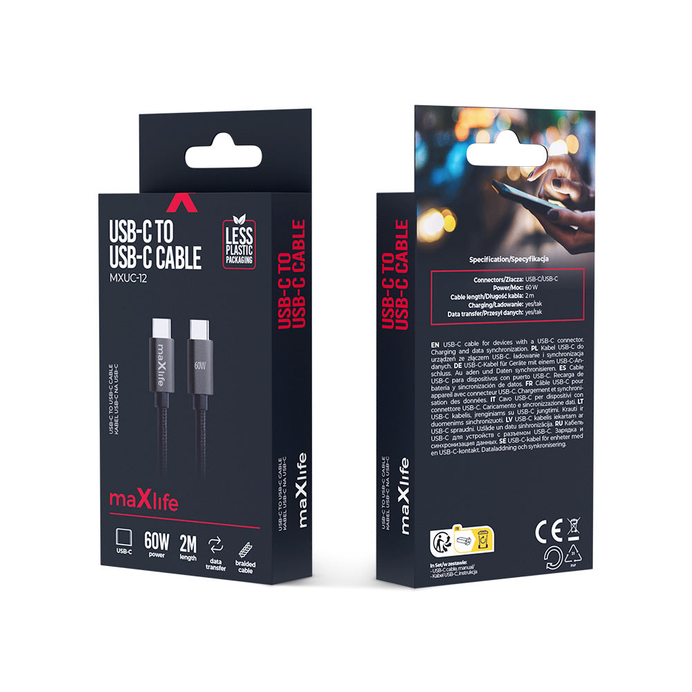 Cablu Date si Incarcare USB-C - USB-C MaXlife MXUC-12, 60W, 2m, Negru