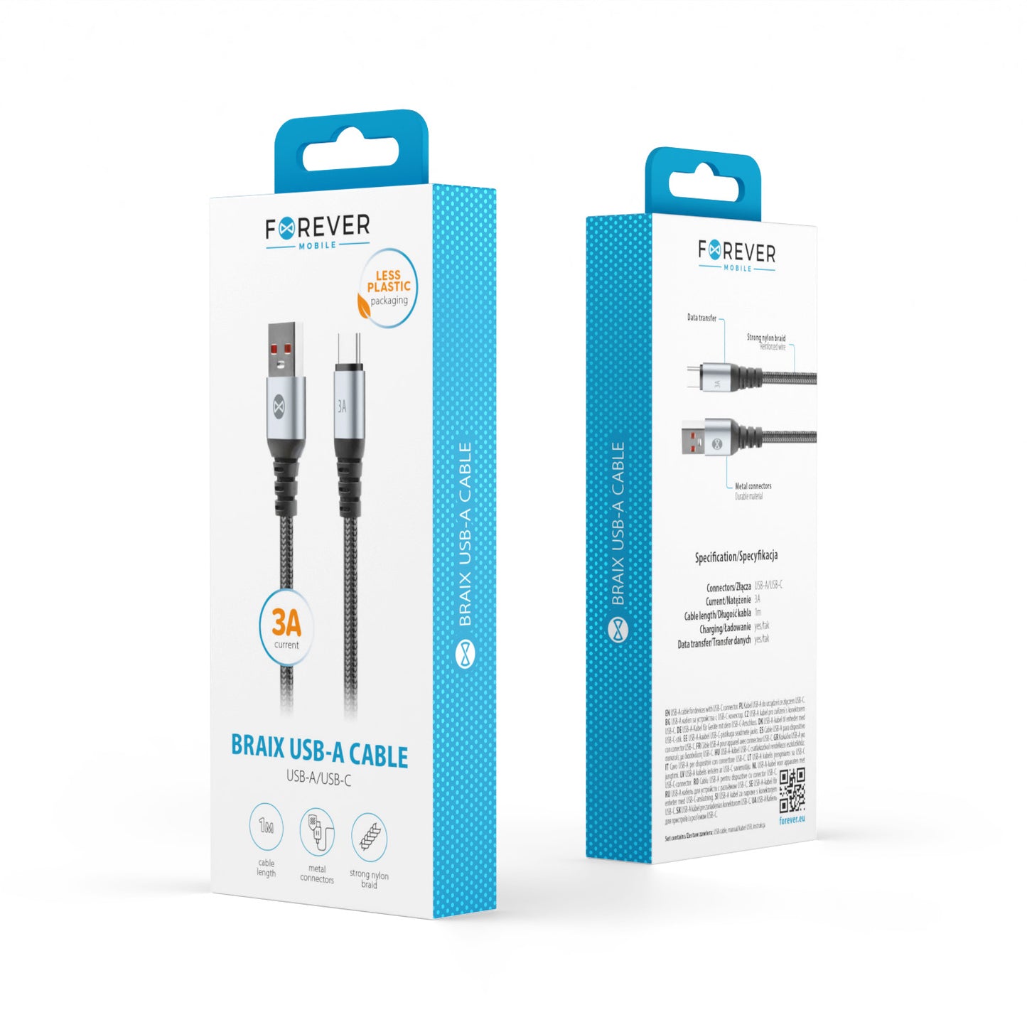 Cablu Date si Incarcare USB-A - USB-C Forever Braix, 18W, 1m, Negru