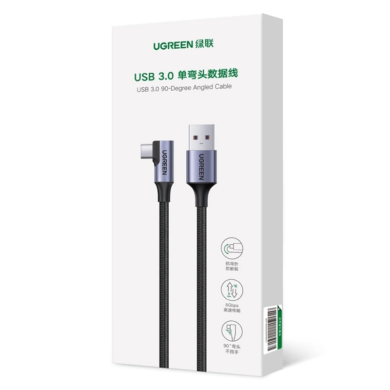 Cablu Date si Incarcare USB-A - USB-C UGREEN US385 Angled, 60W, 1m, Gri