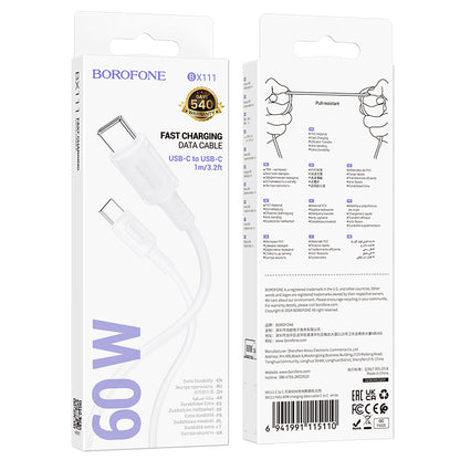 Cablu Date si Incarcare USB-C - USB-C Borofone BX111 Feliz, 60W, 1m, Alb