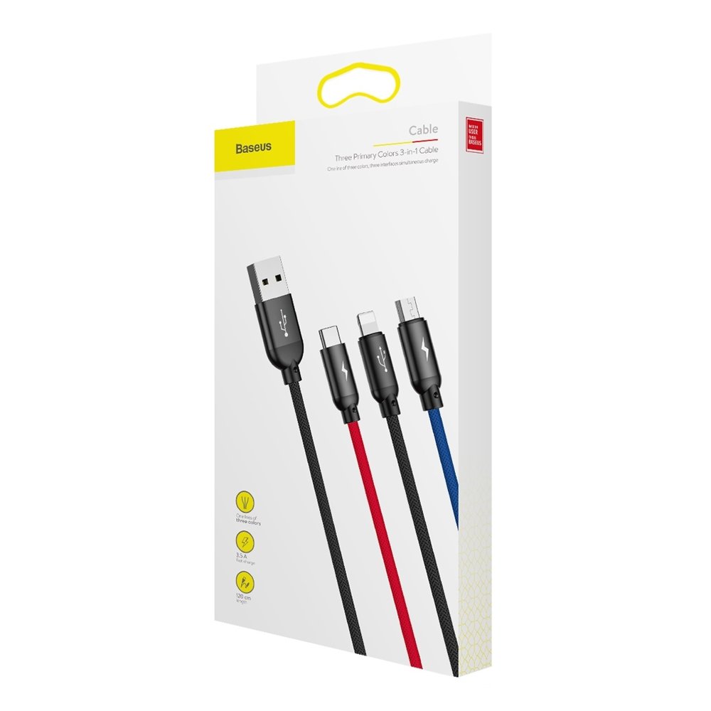 Cablu Incarcare USB-A - Lightning / microUSB / USB-C Baseus Colors 3in1, 20W, 1.2m, Negru CAMLT-BSY01