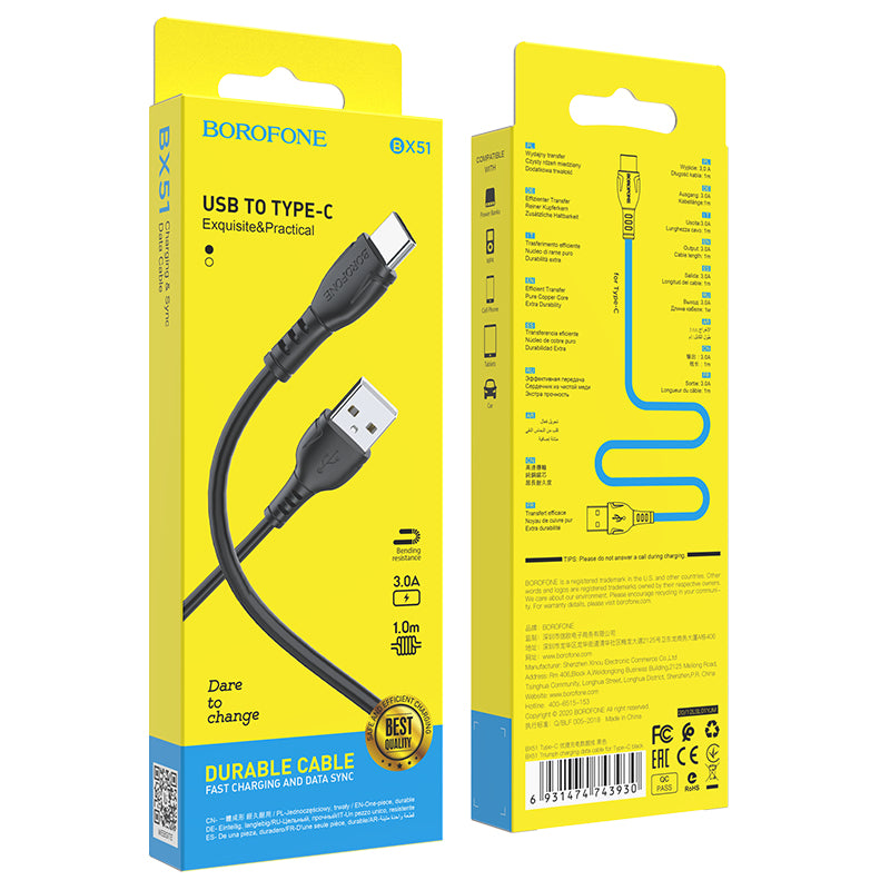 Kabel do ładowania i transmisji danych USB-A - USB-C Borofone BX51 Triumph MP BX51, 18W, 1m, czarny