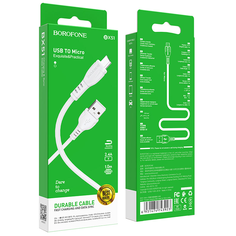 Kabel do ładowania i transmisji danych USB-A - microUSB Borofone BX51 Triumph MP, 18W, 1m, biały