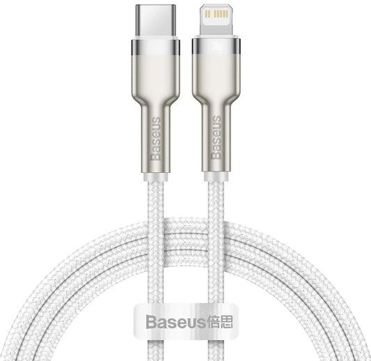 Cablu Date si Incarcare USB-C - Lightning Baseus Cafule Metal Series, 20W, 2m, Alb CATLJK-B02
