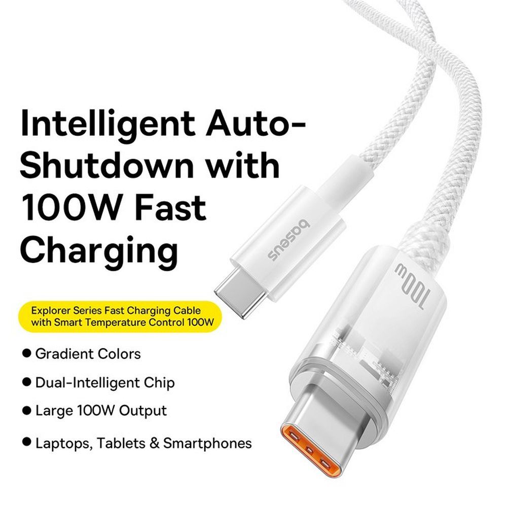Cablu Date si Incarcare USB-C - USB-C Baseus Explorer, 100W, 2m, Alb P10319703221-01