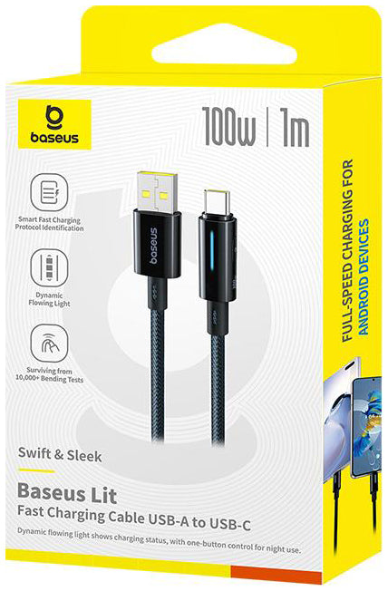 Cablu Date si Incarcare USB-A - USB-C Baseus Lit Button Control, 100W, 1m, Negru P10379002121-00
