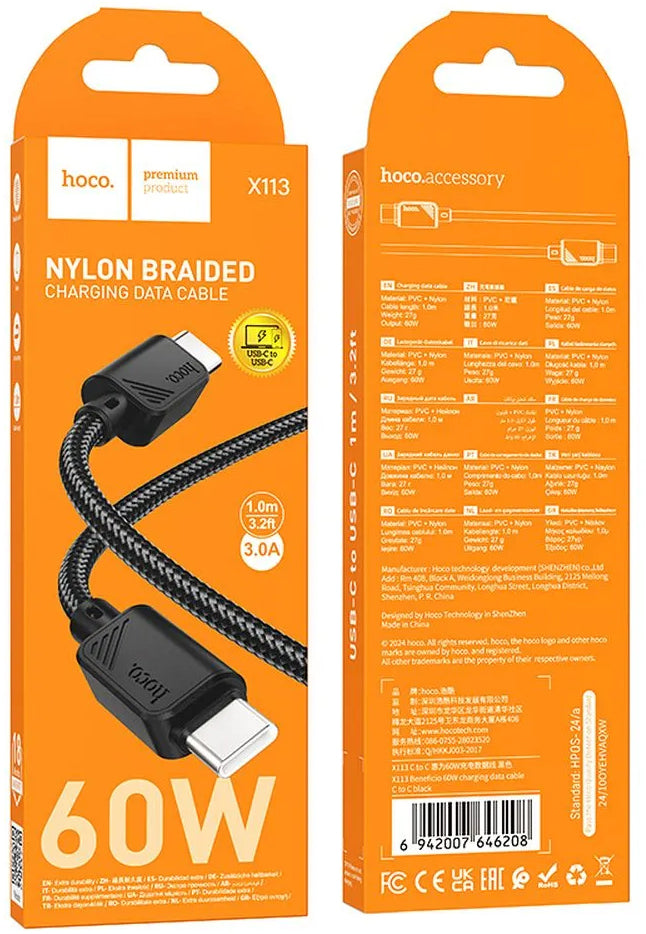 Cablu Date si Incarcare USB-C - USB-C HOCO X113, 60W, 1m, Negru