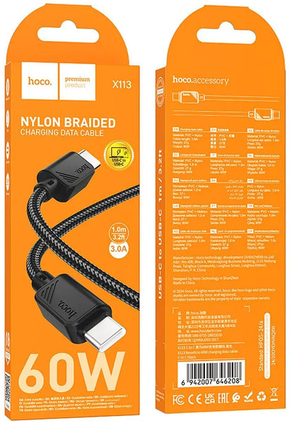 Cablu Date si Incarcare USB-C - USB-C HOCO X113, 60W, 1m, Negru