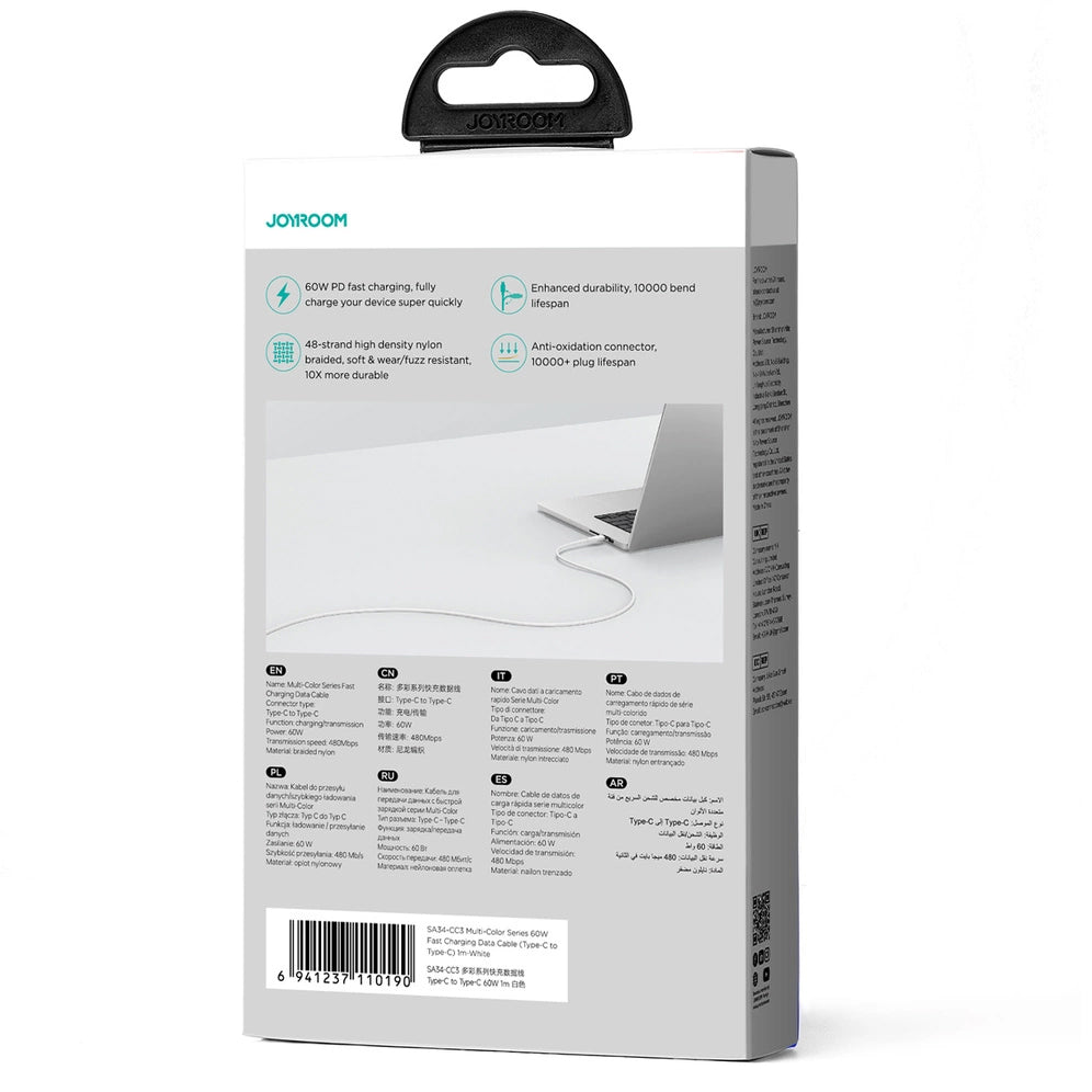 Cablu Date si Incarcare USB-C - USB-C Joyroom Multi-Color S-A34, 60W, 1m, Alb