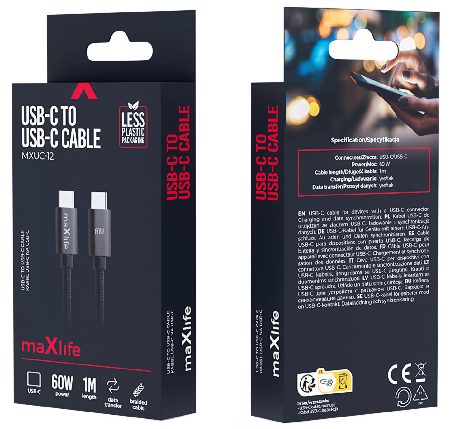 Cablu Date si Incarcare USB-C - USB-C MaXlife MXUC-12, 60W, 1m, Negru
