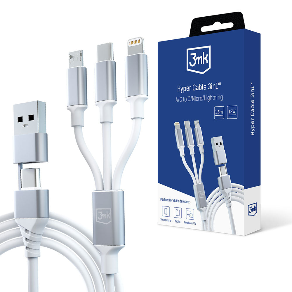 Cablu Incarcare USB-A / USB-C - Lightning / microUSB / USB-C 3MK Hyper, 12W, 1.5m, Alb