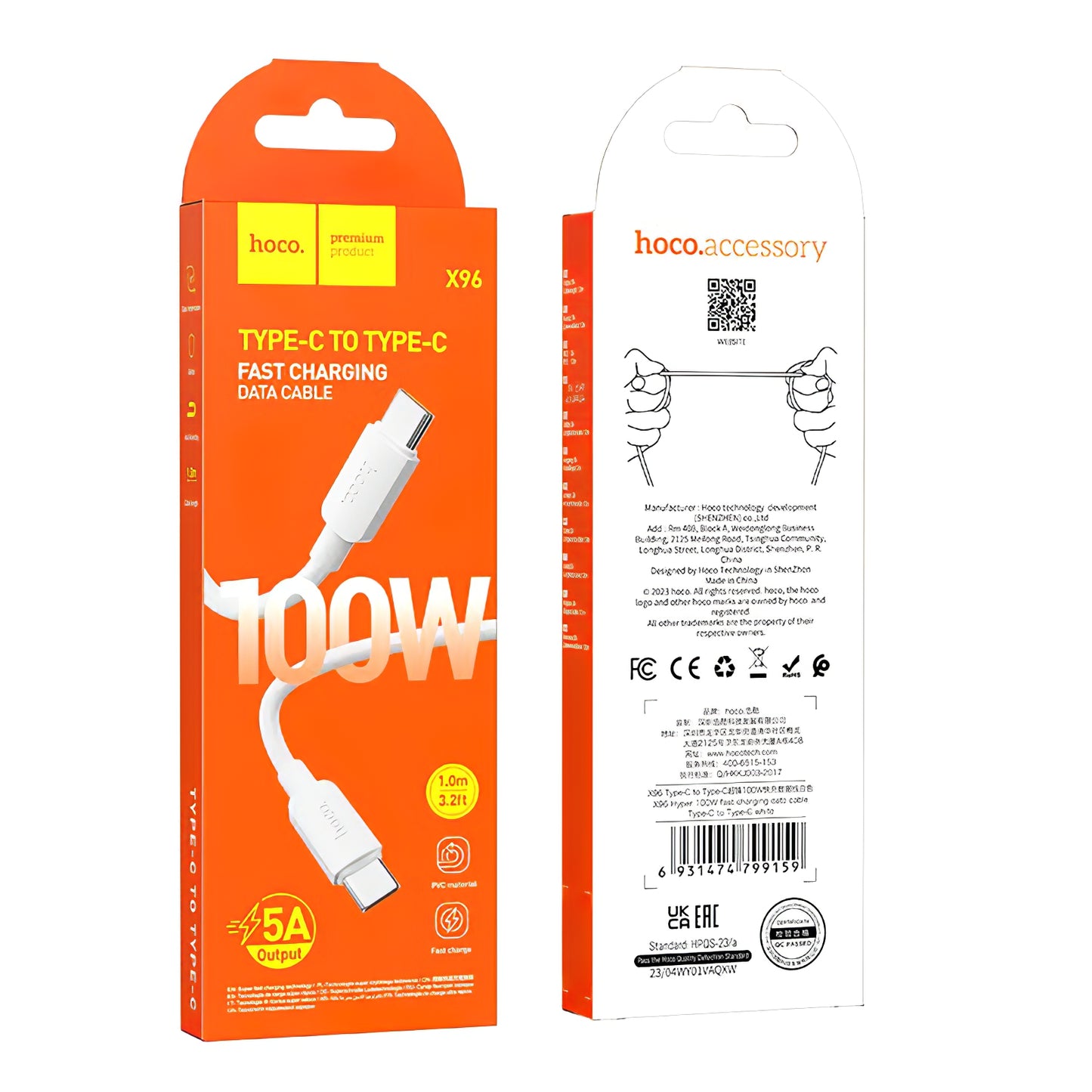 Cablu Date si Incarcare USB-C - USB-C HOCO X96, 100W, 1m, Alb