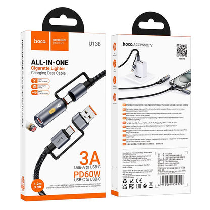 Cablu Date si Incarcare USB-C / USB-A - USB-C / Bricheta Electrica HOCO U138, 60W, 1.2m, Negru