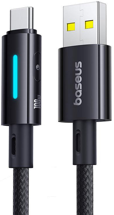 Cablu Date si Incarcare USB-A - USB-C Baseus Lit Button Control, 100W, 1m, Negru P10379002121-00