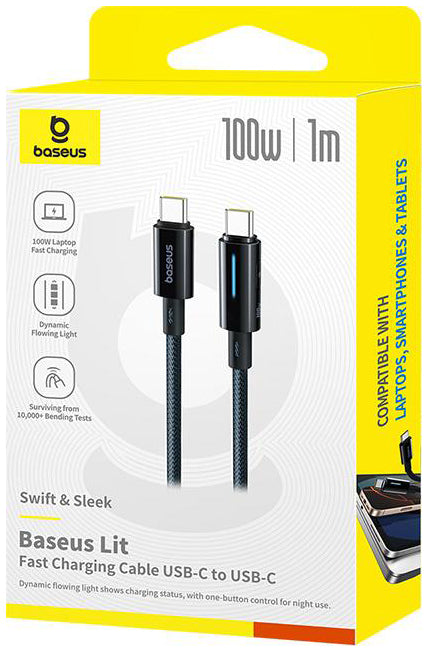 Cablu Date si Incarcare USB-C - USB-C Baseus Lit Button Control, 100W, 1m, Negru P10379000121-00