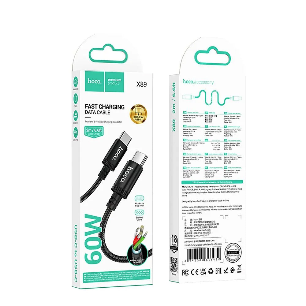 Cablu Date si Incarcare USB-C - USB-C HOCO X89, 60W, 2m, Negru